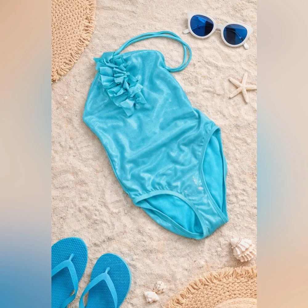 GAP Kids Aqua Blue One Piece Swimsuit Ruffle Detail Girls XS Beach Swimwear